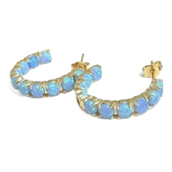Beautiful Blue Opal Simulated 18k gold plated hoop pierced earrings - Picture 5 of 6